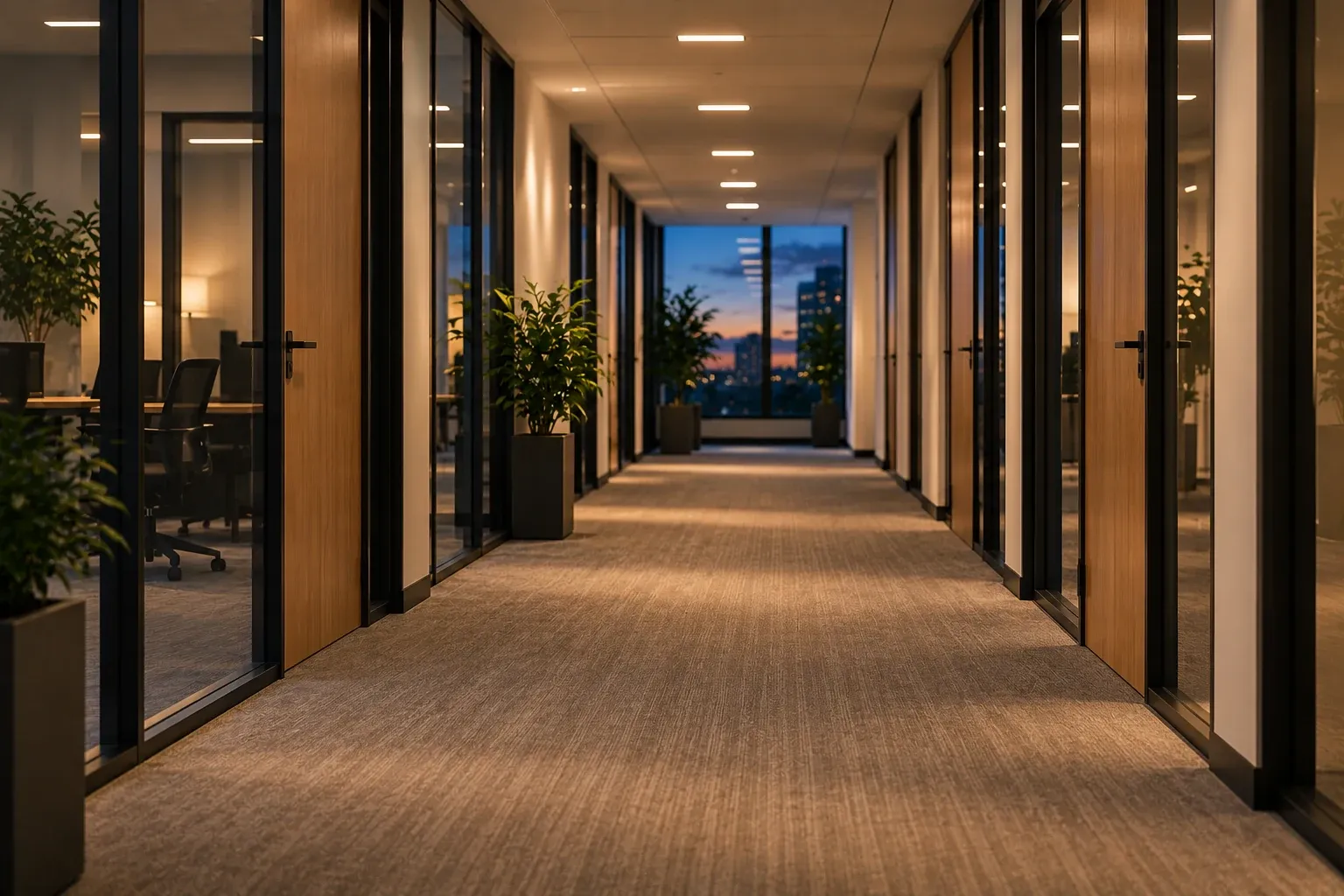 Empty office corridor at dusk with the lights on and freshly vacuumed carpet