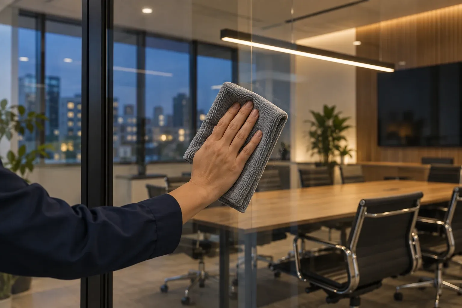 A hand wiping a glass conference room wall with a microfiber cloth in the evening