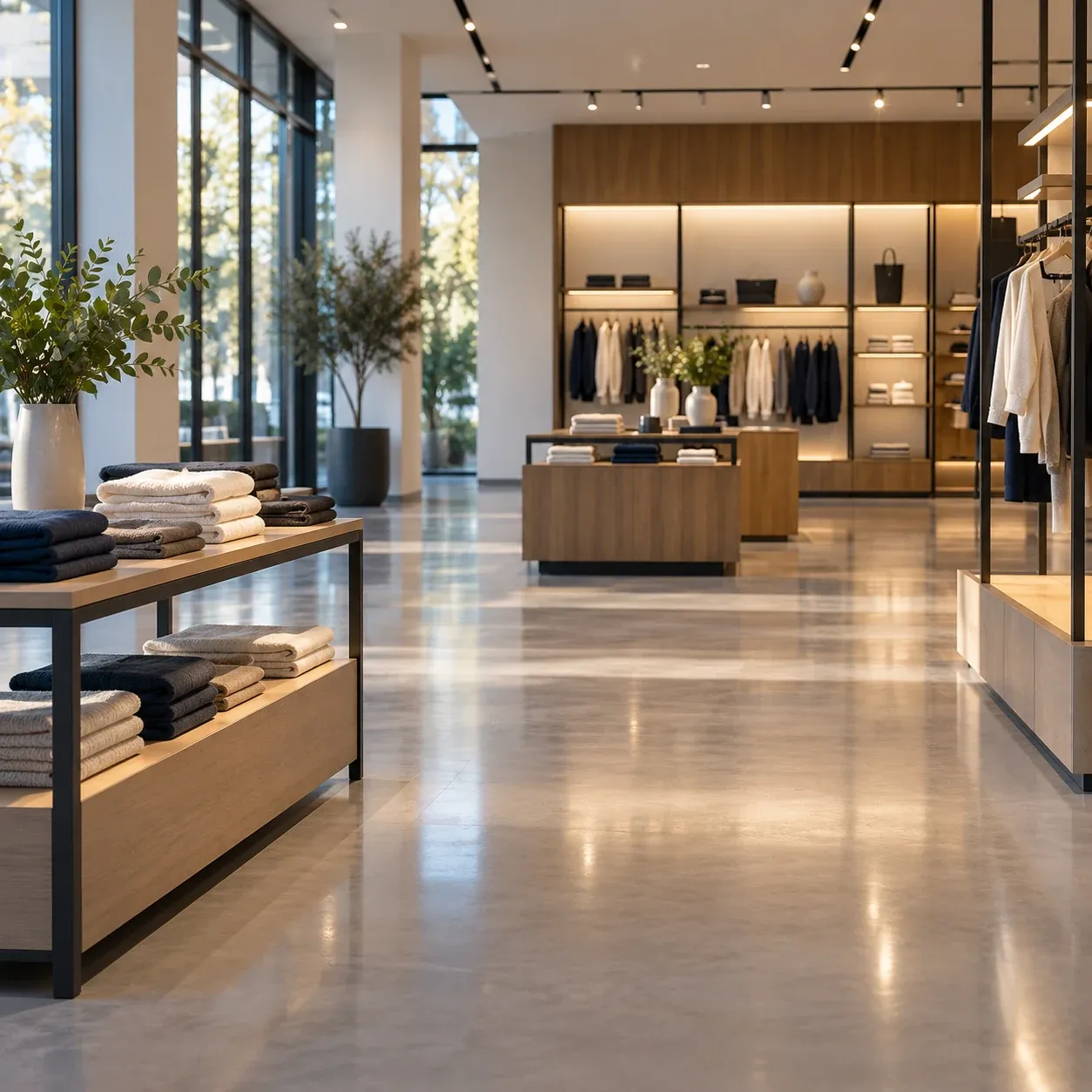 Empty clothing showroom with the lights on