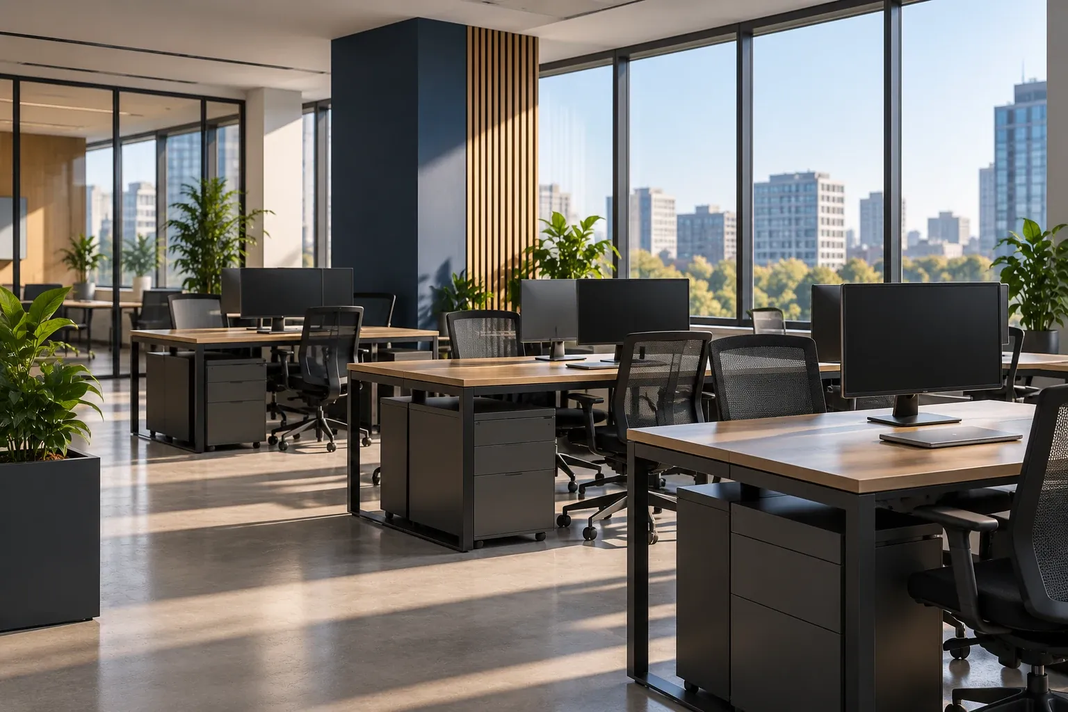 Open-plan office after cleaning, desks clear, in morning light